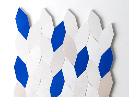 Hexagon shaped zellige tiles in white and blue copy